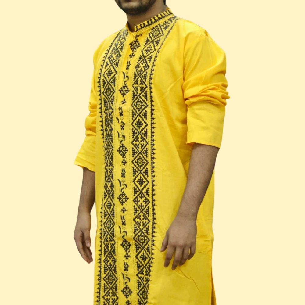 Yellow Kurta Punjabi with Intricate Kantha Embroidery - Handmade by INDLooms - Image 2