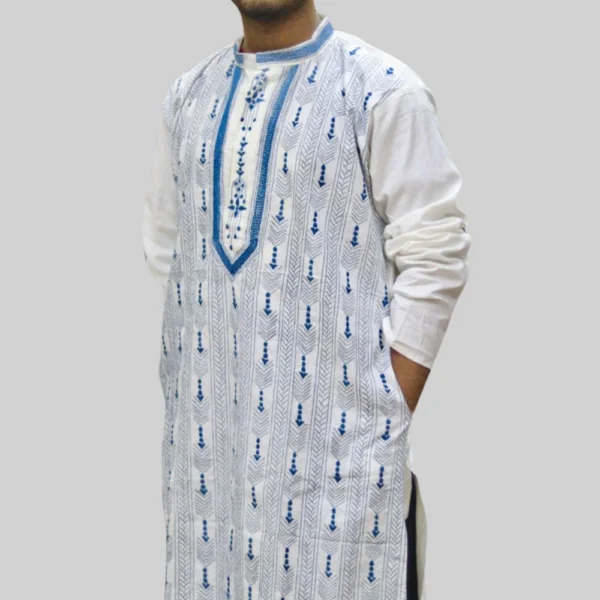 White Kurta Punjabi with Blue Intricate Kantha Embroidery - Handmade by INDLooms - Image 2
