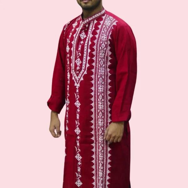 Red Kurta Punjabi with White Intricate Kantha Embroidery - Handmade by INDLooms - Image 2