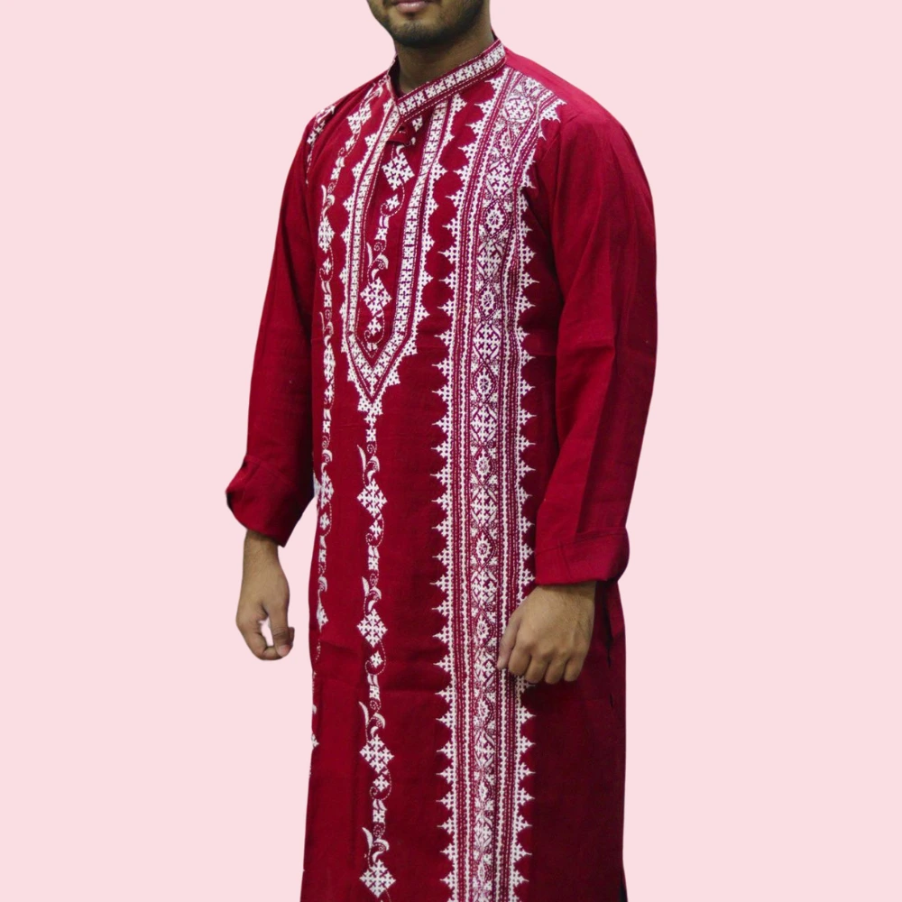 Red Kurta Punjabi with White Intricate Kantha Embroidery - Handmade by INDLooms - Image 2