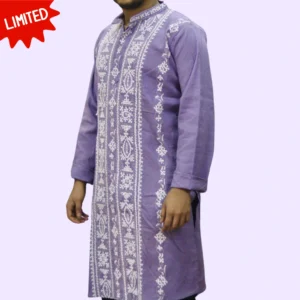 Premium Lavender Kurta Punjabi with Intricate Kantha Embroidery - Handmade by INDLooms