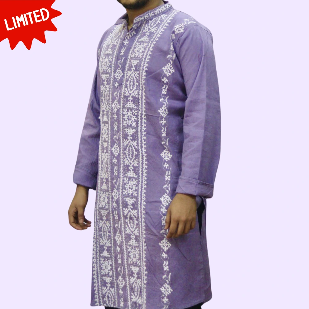 Premium Lavender Kurta Punjabi with Intricate Kantha Embroidery - Handmade by INDLooms