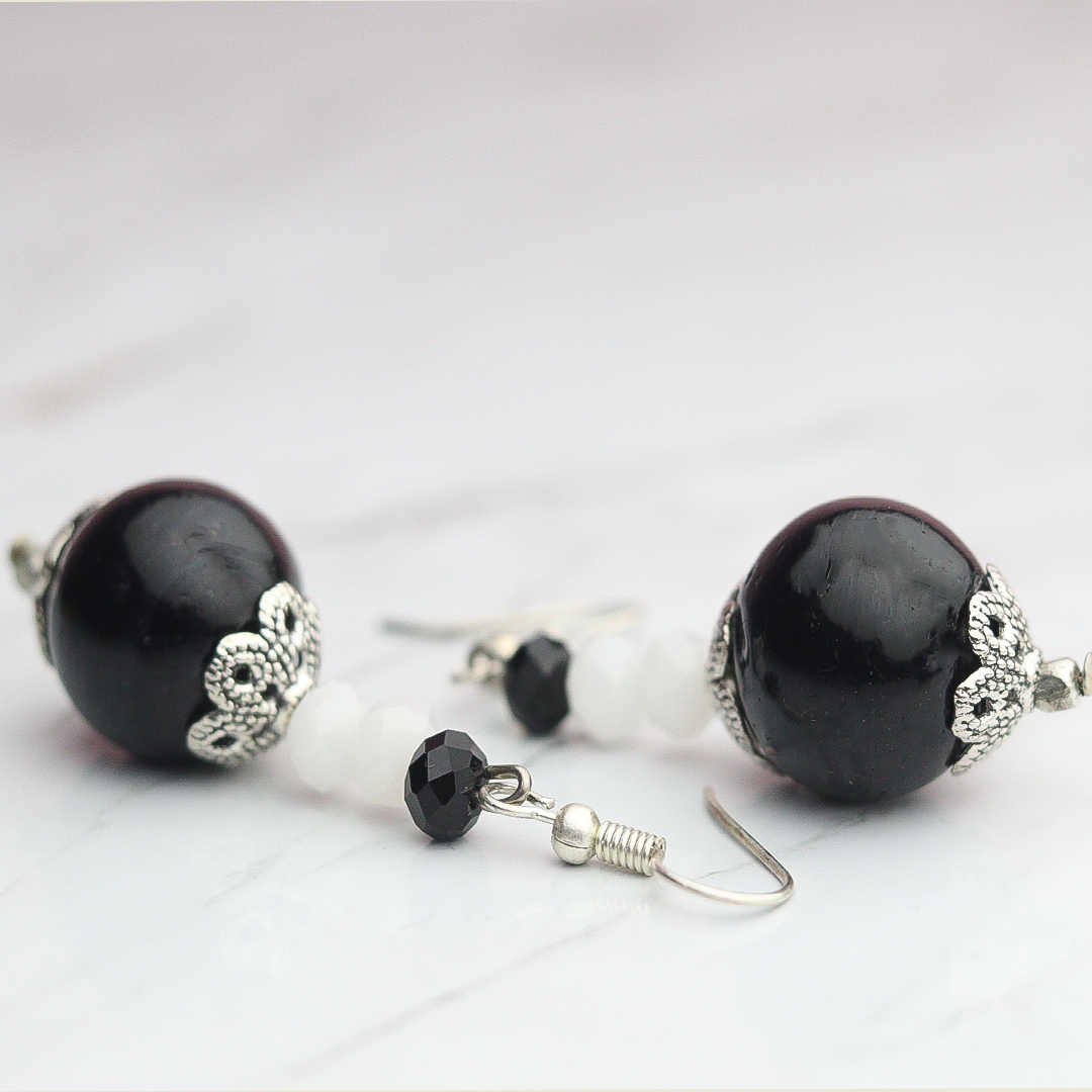Handmade Black and White Beaded Earrings with Silver Detailing by INDLooms - Image 2