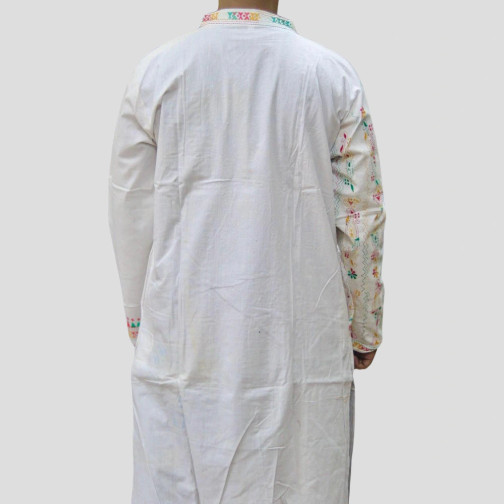 Premium White Kurta Punjabi with Multicolor Intricate Kantha Embroidery - Handmade by INDLooms - Image 3