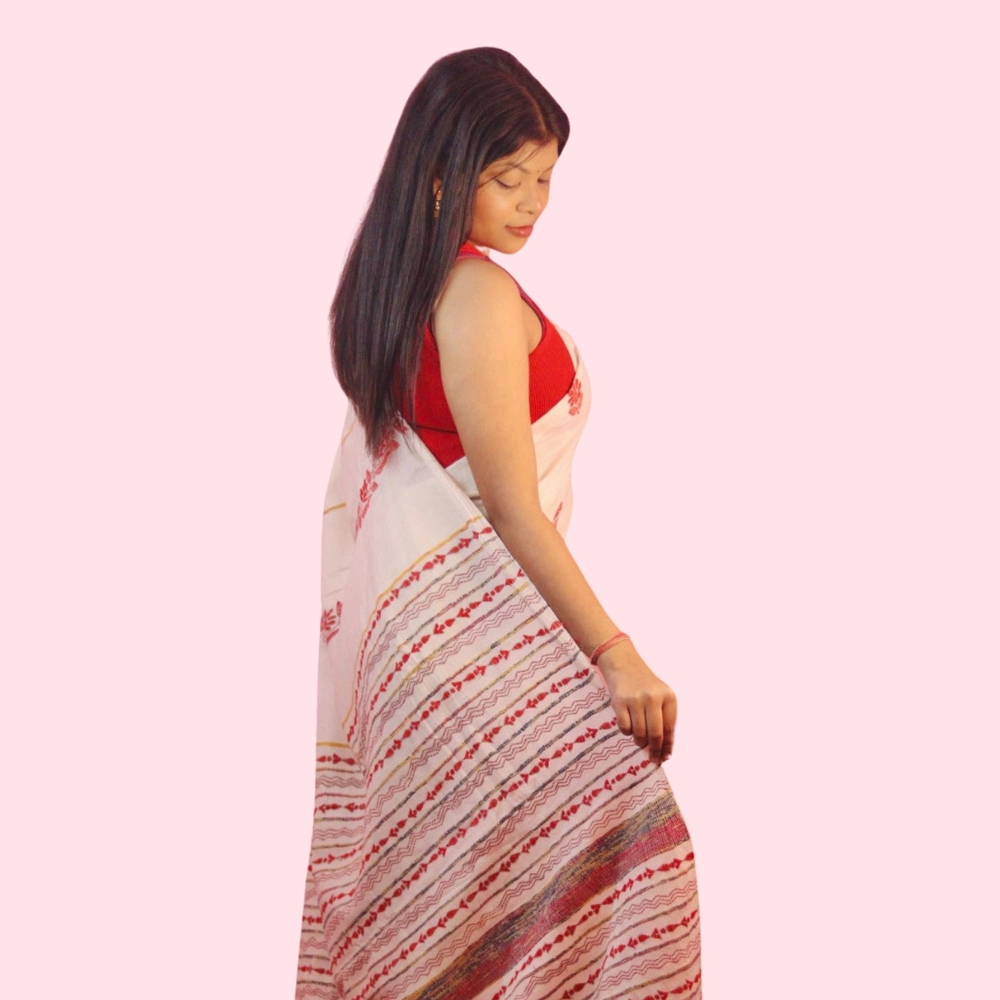 Elegant Off-White Khesh Saree & White Kurta Punjabi Combo – Handcrafted with Rich Embroidery - Image 4