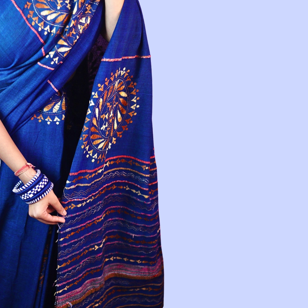 Handcrafted Blue Cotton Khesh Saree with Golden Motif Embroidery | Khesh Saree by iNDLooms - Image 3