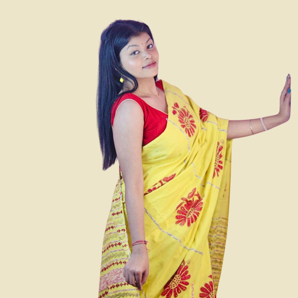 Handcrafted Yellow Cotton Khesh Saree with Red Motif Embroidery | Khesh Saree by iNDLooms - Image 4