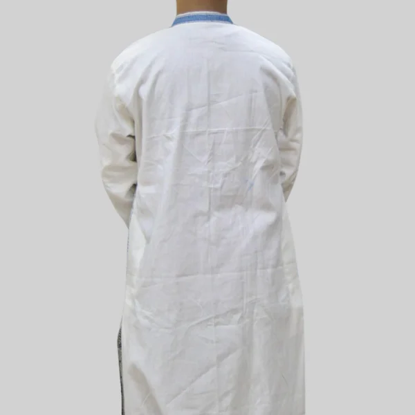White Kurta Punjabi with Blue Intricate Kantha Embroidery - Handmade by INDLooms - Image 3