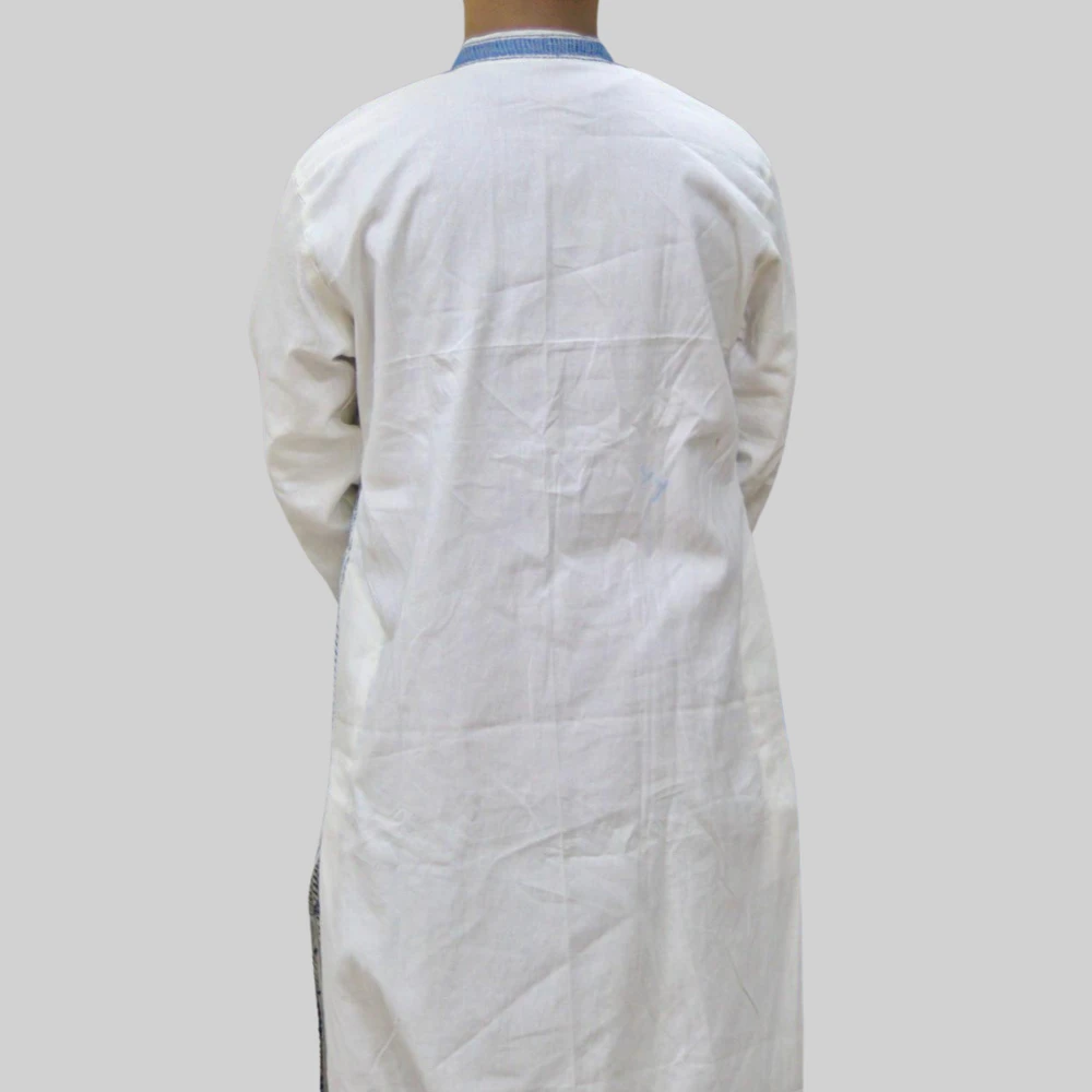 White Kurta Punjabi with Blue Intricate Kantha Embroidery - Handmade by INDLooms - Image 3