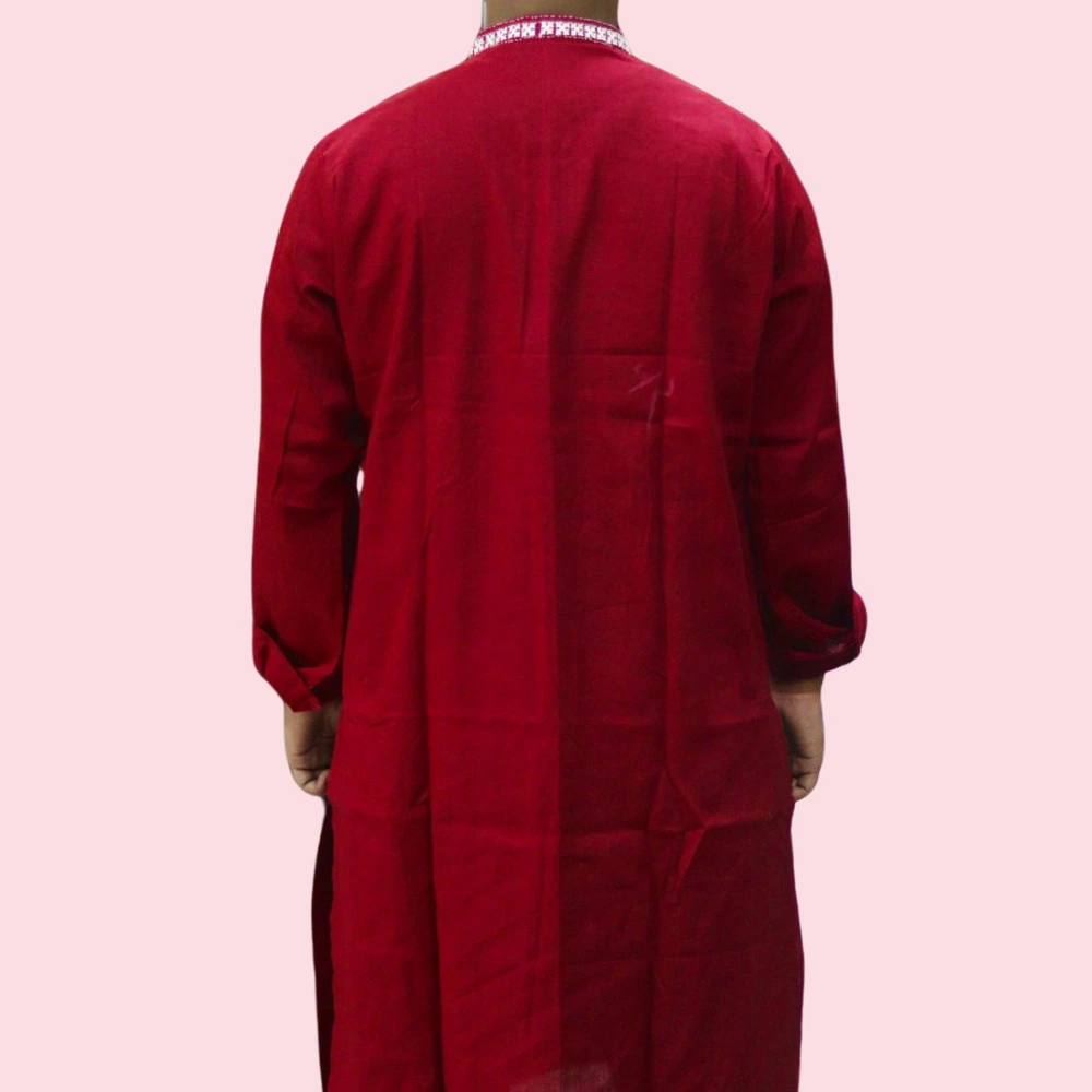 Red Kurta Punjabi with White Intricate Kantha Embroidery - Handmade by INDLooms - Image 3
