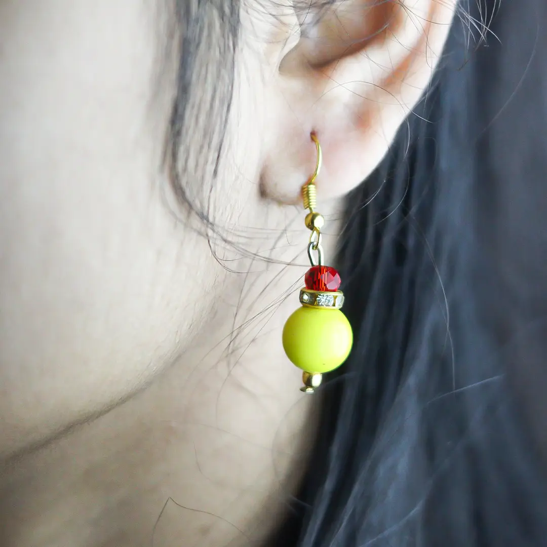 Handmade Yellow & Red Beaded Earrings by INDLooms - Image 2