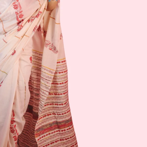 Elegant Off-White Khesh Saree & White Kurta Punjabi Combo – Handcrafted with Rich Embroidery - Image 3