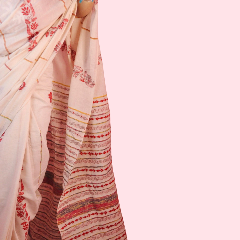 Elegant Off-White Khesh Saree & White Kurta Punjabi Combo – Handcrafted with Rich Embroidery - Image 3