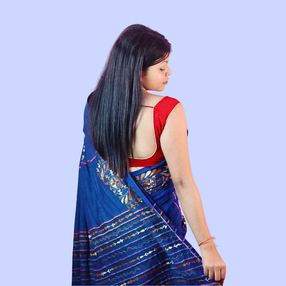 Handcrafted Blue Cotton Khesh Saree with Golden Motif Embroidery | Khesh Saree by iNDLooms - Image 5