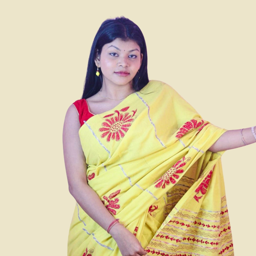 Handcrafted Yellow Cotton Khesh Saree with Red Motif Embroidery | Khesh Saree by iNDLooms - Image 6