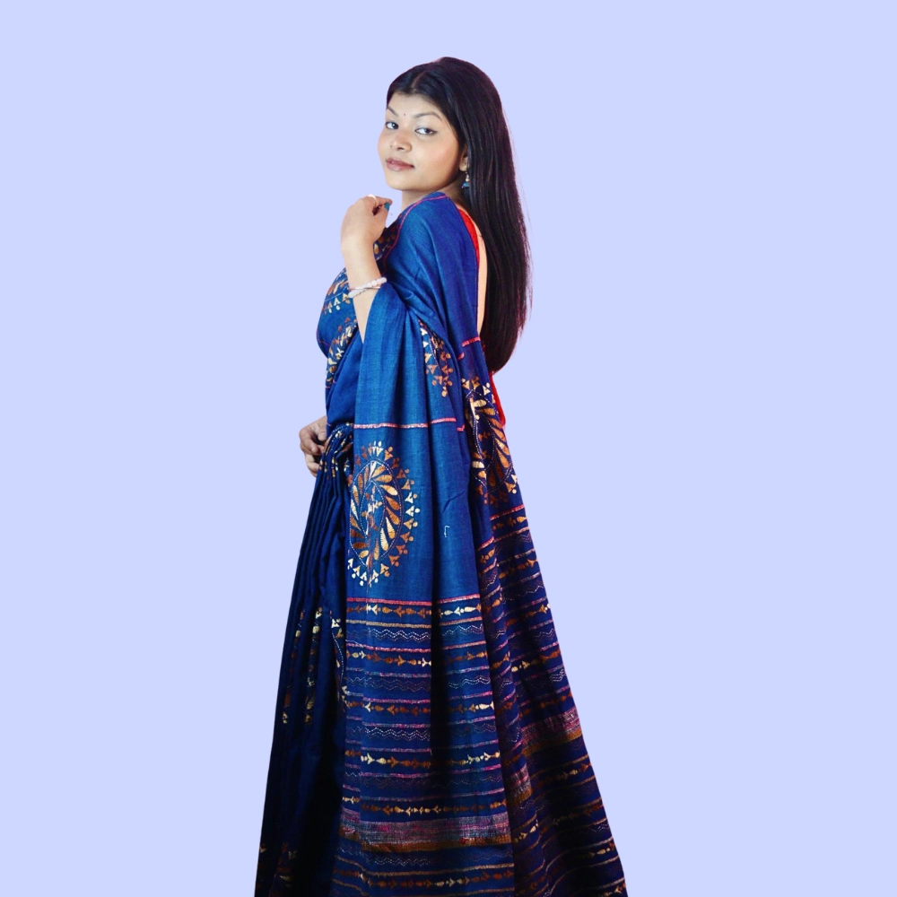 Handcrafted Blue Cotton Khesh Saree with Golden Motif Embroidery | Khesh Saree by iNDLooms - Image 6