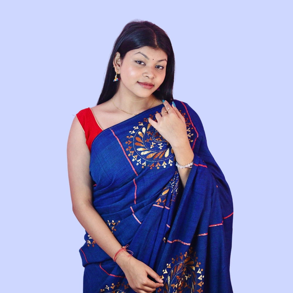Handcrafted Blue Cotton Khesh Saree with Golden Motif Embroidery | Khesh Saree by iNDLooms - Image 2