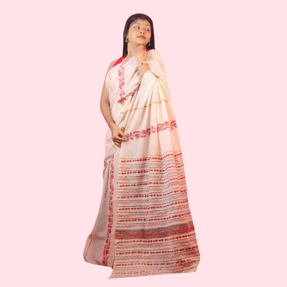 Handcrafted OFF-WHITE Cotton Khesh Saree with Red Floral Embroidery | Khesh Saree by iNDLooms - Image 4