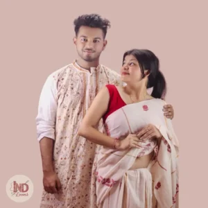Elegant Off-White Khesh Saree & White Kurta Punjabi Combo โ Handcrafted with Rich Embroidery