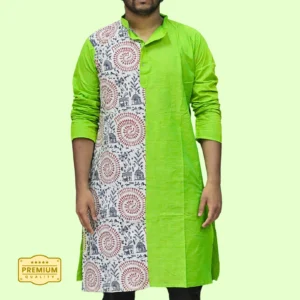 Men's green kurta with tribal art print panel โ handloom cotton ethnic wear by Indlooms