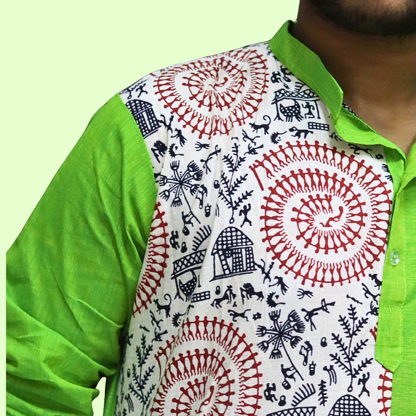 Men's green kurta with tribal art print panel – handloom cotton ethnic wear by Indlooms