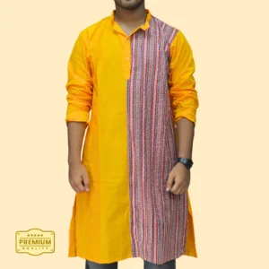 Men's Mustard Yellow Handloom Kurta with Tribal Print Panel โ Handcrafted by INDLooms