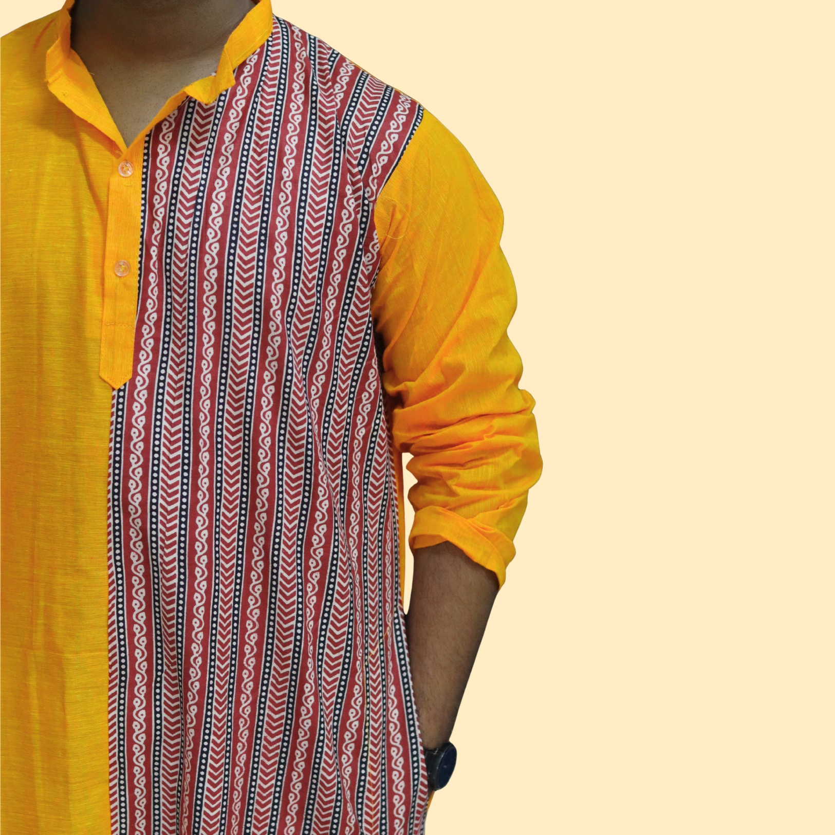Men's Mustard Yellow Handloom Kurta with Tribal Print Panel – Handcrafted by INDLooms - Image 4