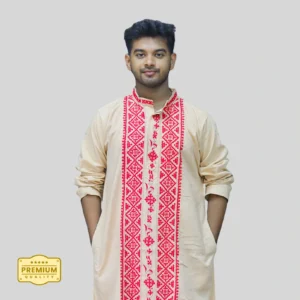 Men's cream kurta with red Assamese embroidery โ traditional handcrafted ethnic wear by Indlooms