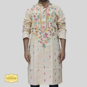 Men's cream kurta with multicolor floral embroidery โ festive ethnic wear by Indlooms