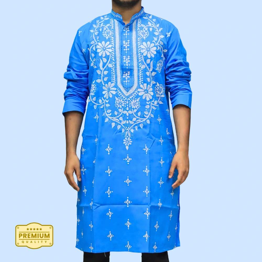Blue cotton kurta for men with white floral embroidery and full sleeves – Indlooms