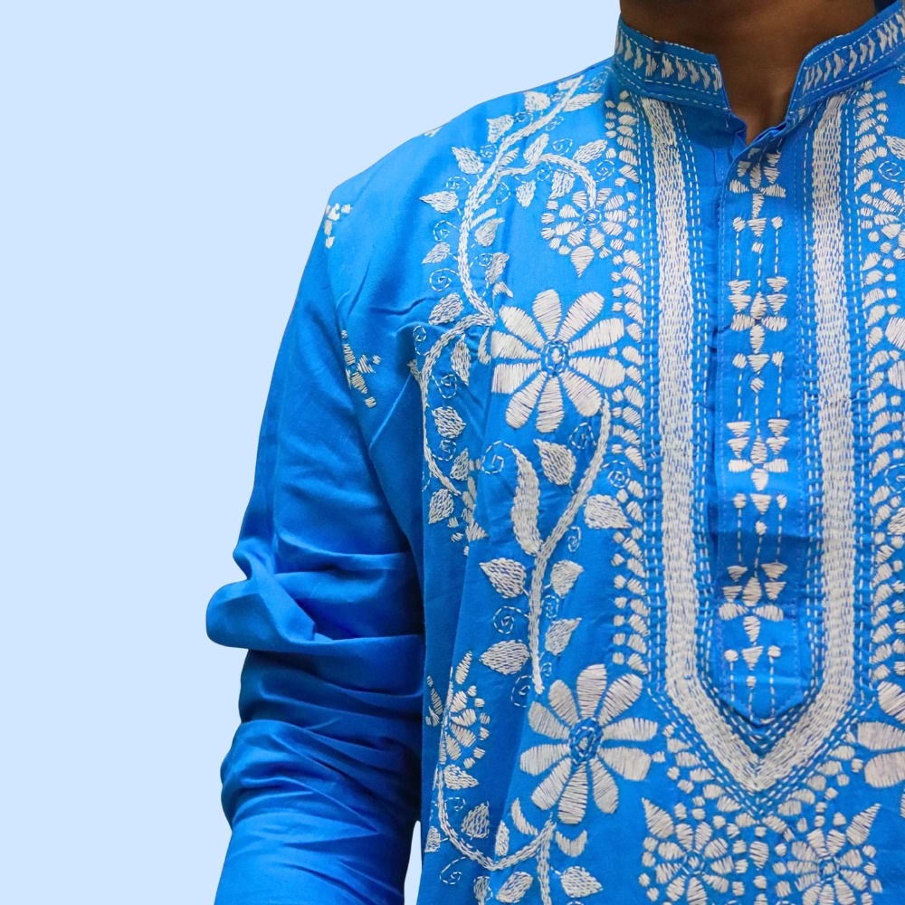 Blue cotton kurta for men with white floral embroidery and full sleeves – Indlooms