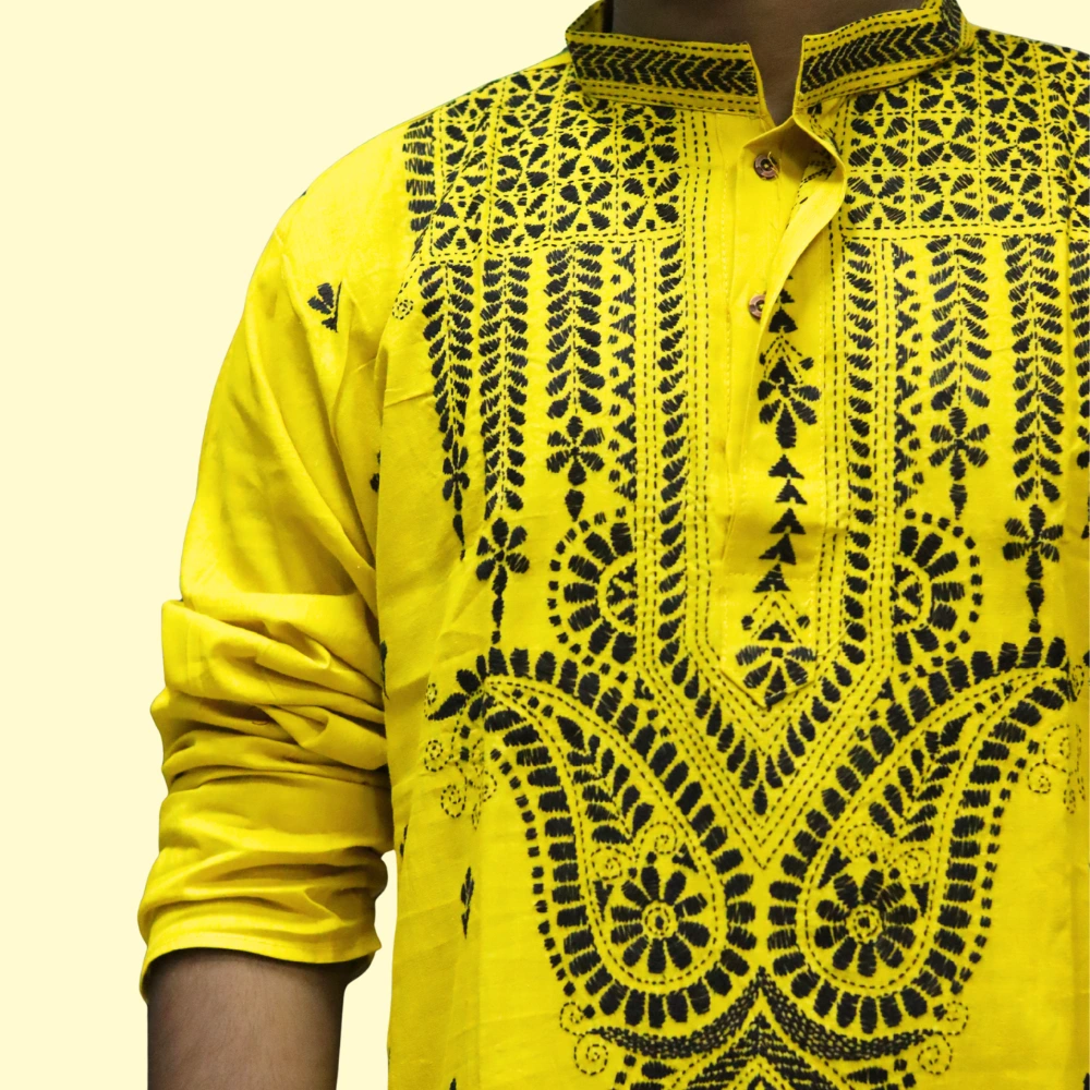 Men's yellow kurta with black thread embroidery – festive ethnic wear by Indlooms