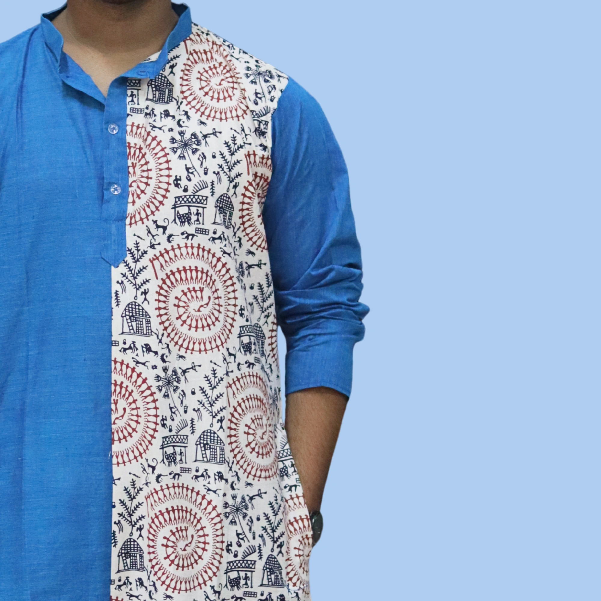 Blue & Cream Kurta Punjabi with Intricate Kantha Embroidery – Handcrafted by INDLooms - Image 3