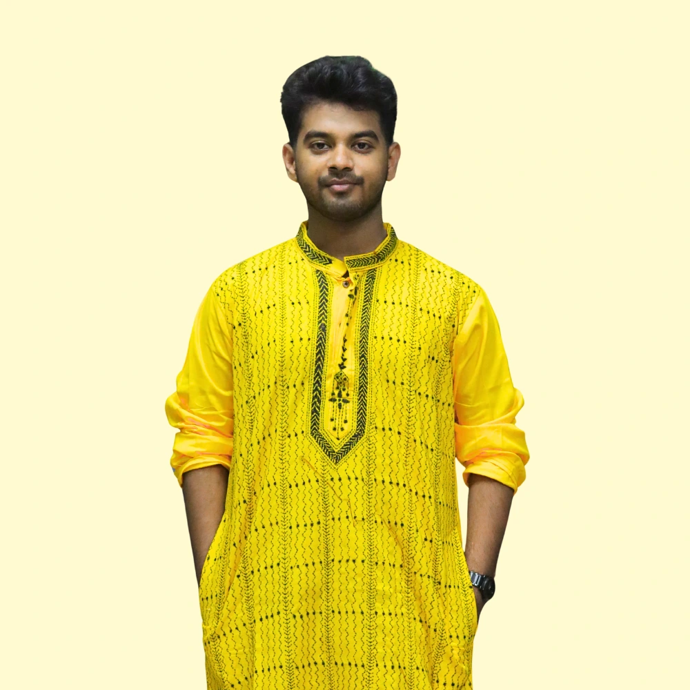 Men's yellow kurta with black thread embroidery – festive ethnic wear by Indlooms