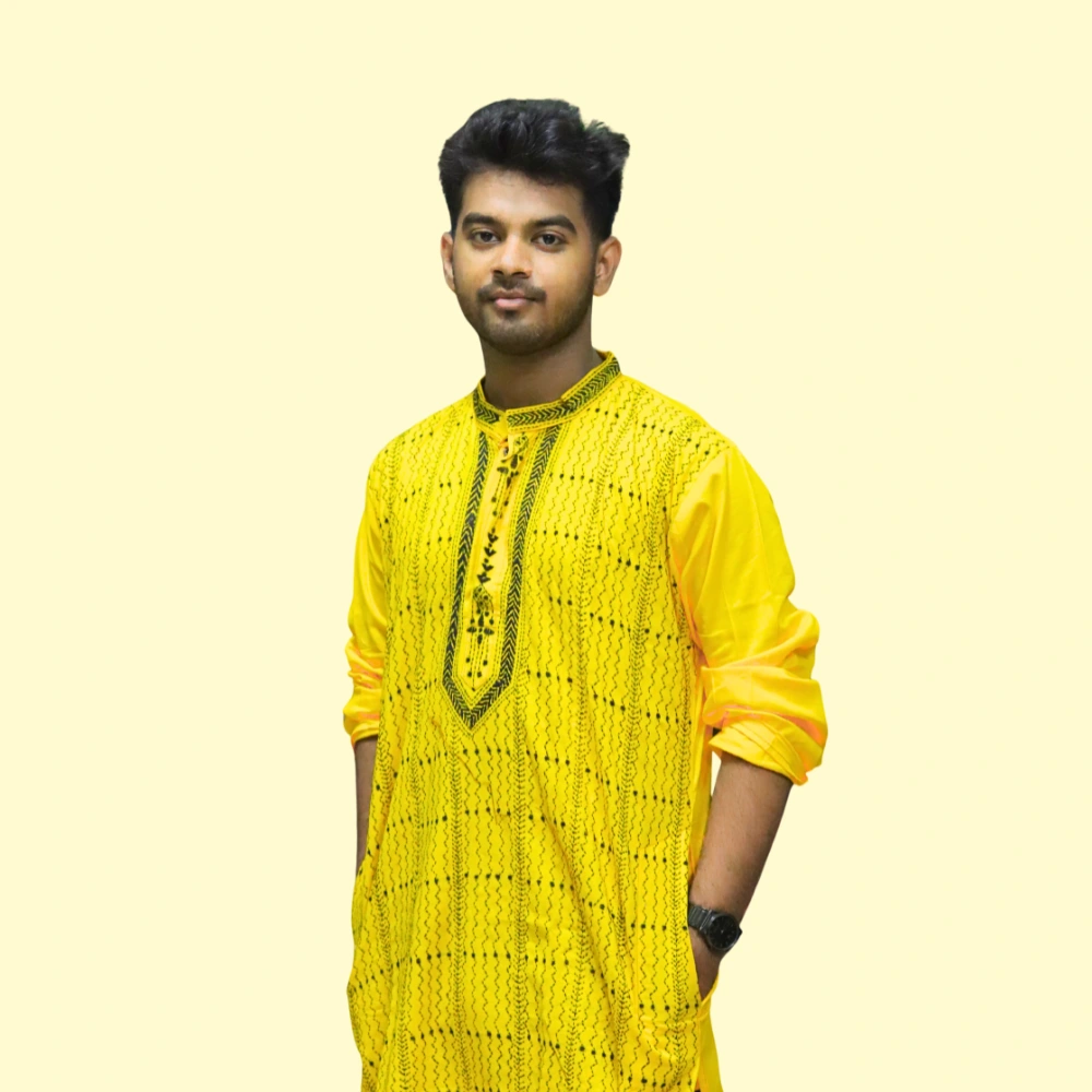 Men's yellow kurta with black thread embroidery – festive ethnic wear by Indlooms