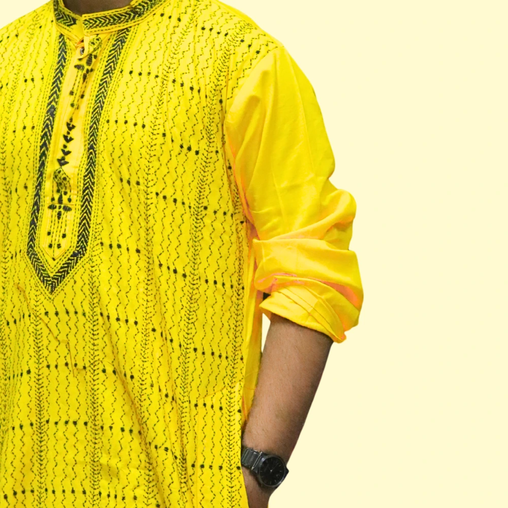 Men's yellow kurta with black thread embroidery – festive ethnic wear by Indlooms