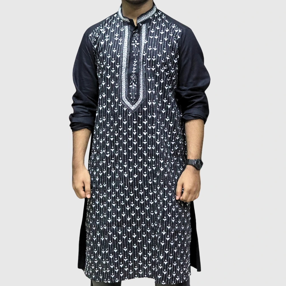 Men's black kurta with white geometric embroidery – trendy ethnic wear by Indlooms