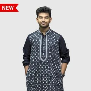 Men's black kurta with white geometric embroidery โ trendy ethnic wear by Indlooms