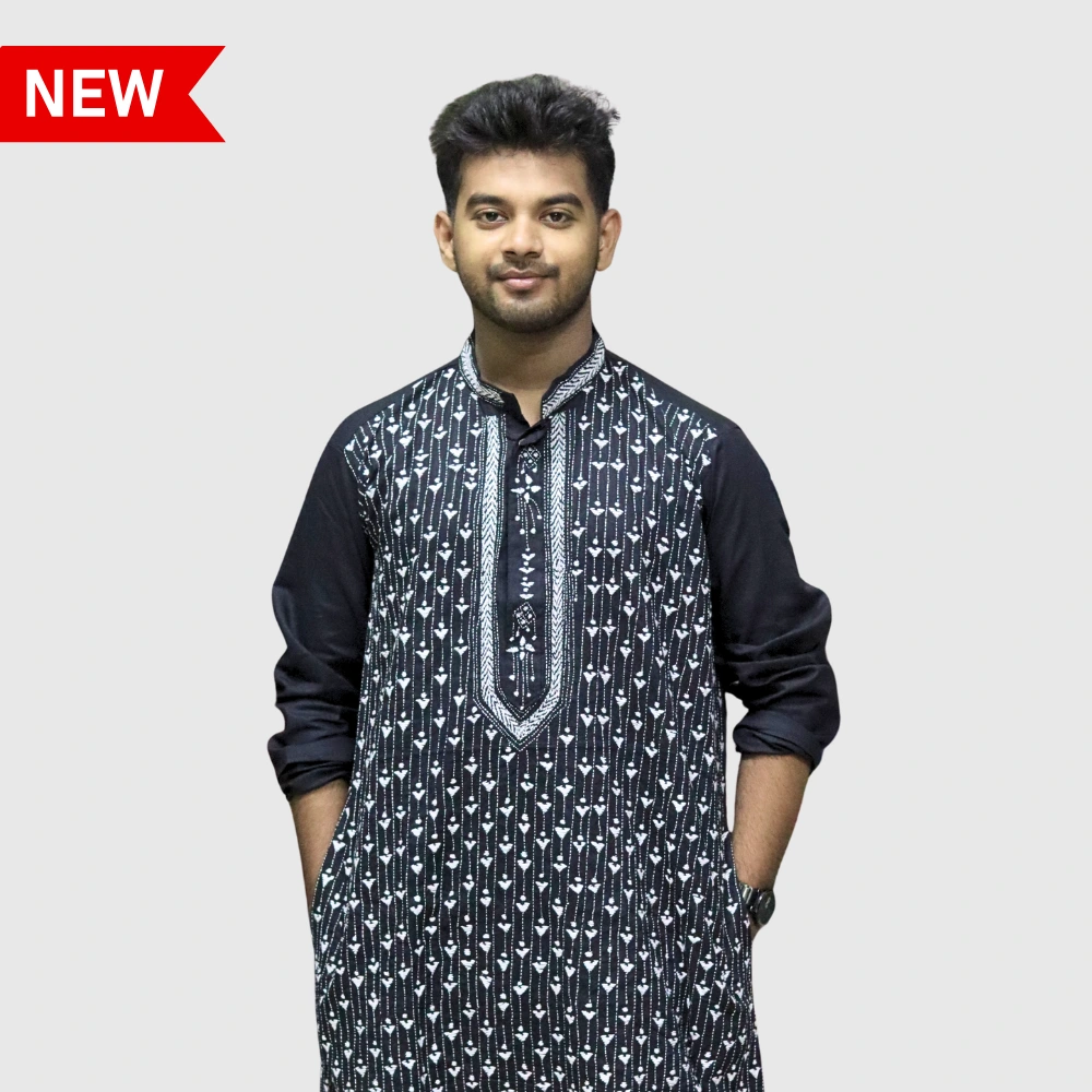 Men's black kurta with white geometric embroidery – trendy ethnic wear by Indlooms