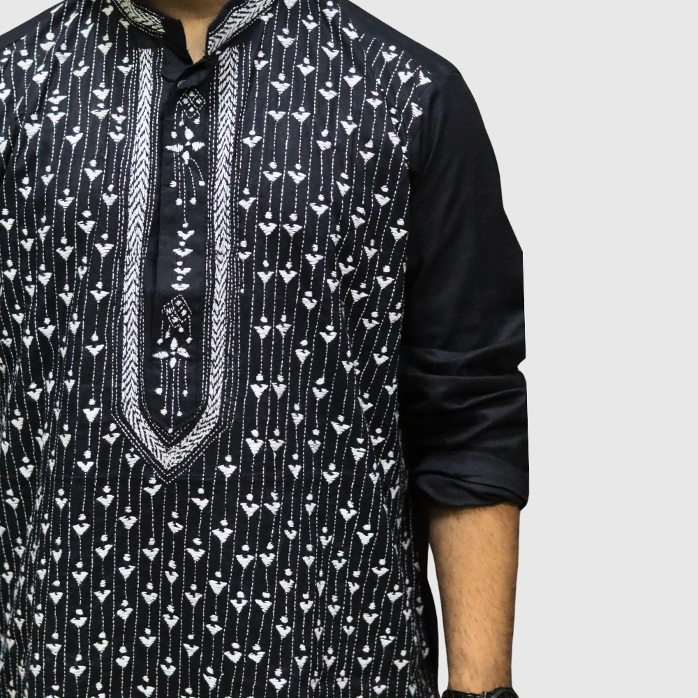 Men's black kurta with white geometric embroidery – trendy ethnic wear by Indlooms