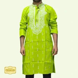 Men's lime green kurta with white thread embroidery โ festive ethnic wear by Indlooms