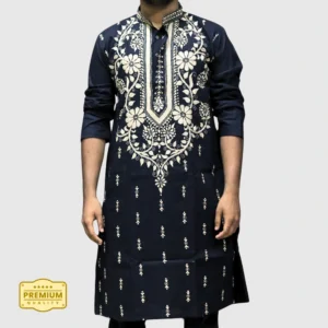 Men's black kurta with cream floral embroidery โ traditional ethnic wear from Indlooms