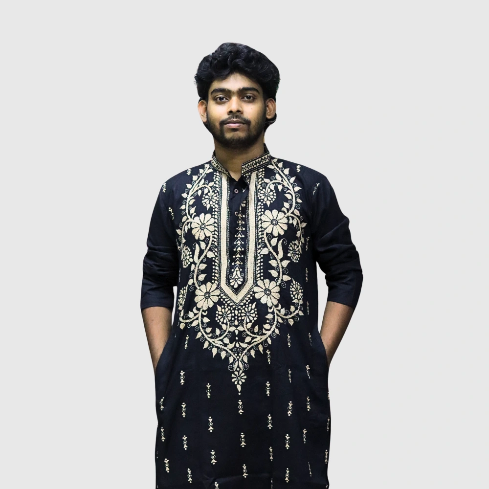 Men's black kurta with cream floral embroidery – traditional ethnic wear from Indlooms