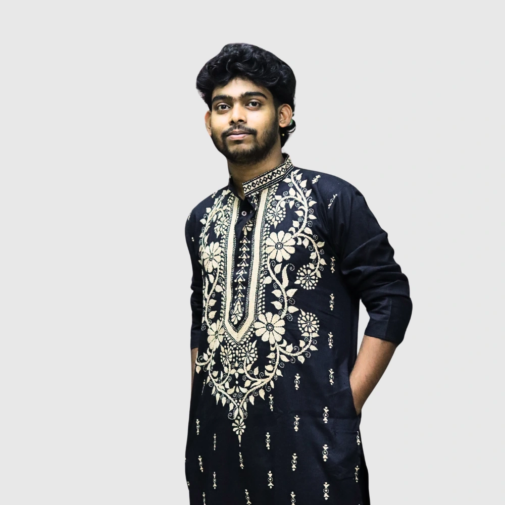 Men's black kurta with cream floral embroidery – traditional ethnic wear from Indlooms
