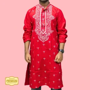 Men's red kurta with white embroidery โ handcrafted festive ethnic wear by Indlooms